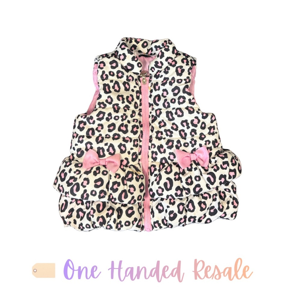 🎀 Kids Headquarters Light Pink Leopard Print Puffer Vest Pink Bows Zipper 18M